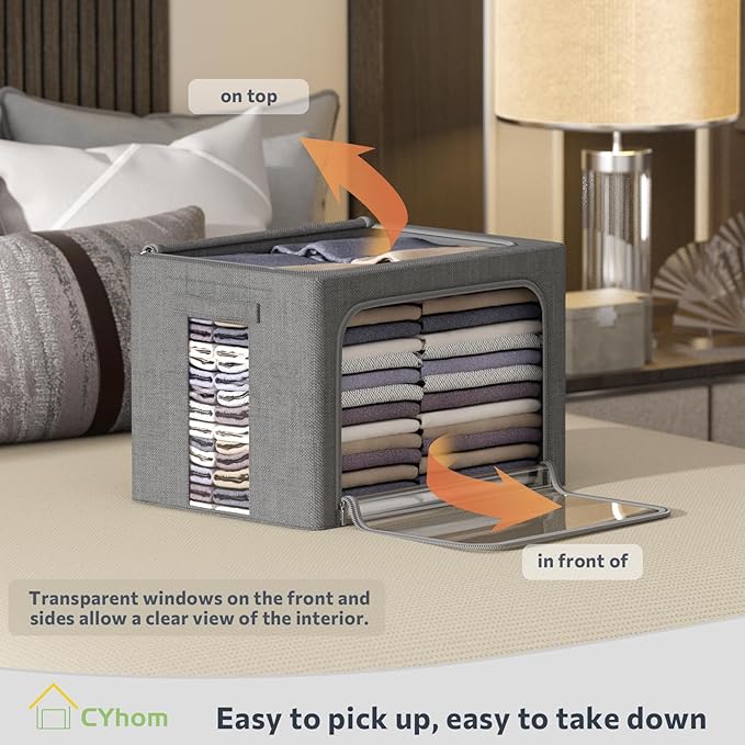 CYhom Extra Large Clothes Storage Bins - Linen Fabric Foldable Stackable Container Organizer Set with Clear Window & Carry Handles & Metal Frame (Dark Gray, Extra Large-100L)