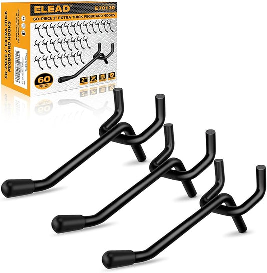 ELEAD 60-Piece 2 Inch Extra Thick Pegboard Hooks, Heavy Duty Peg Board Organizer Accessories, Peg Board Tool Hangers Fit for 1/4" Pegboard Hanging Tools Garage, Workshop, and Craft Storage