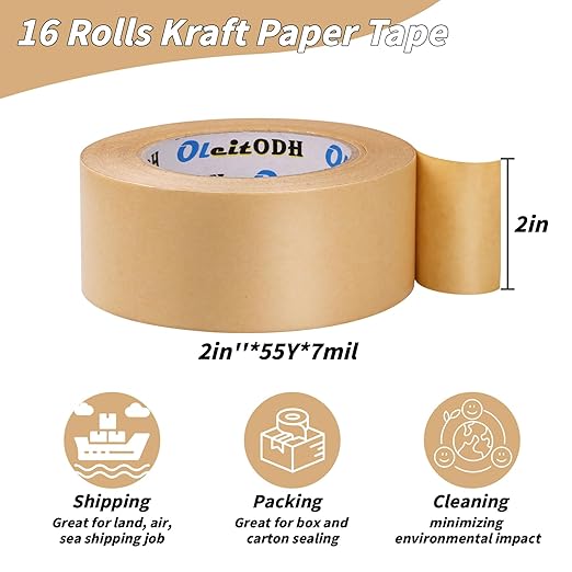 16 Pack Brown Paper Packing Tape, Kraft Paper Tape Bulk 2" x 55 Yardx 7 mil Gummed Tape for Marking, Sealing Box, Masking, Shipping, Strong Adhesive Easy-to-Tear Waterproof Tape