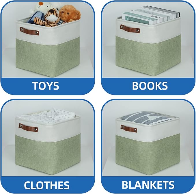 Temary Fabric Storage Bins for Organizing Clothes, Closet Baskets with Handles - Decorative Storage Boxes for Home (White & Green, 12 Inch, 4 Pack)