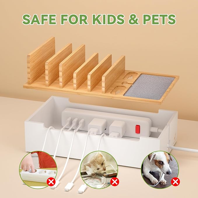 Pezin&Hulin Multi Devices Charging Station, With USB Adapter and 6 Cables, Cord Organizer for Desk, Cell Phone Charger Dock to Management Cables and Power Strip, Desktop Cord Hider Box -Natural +White