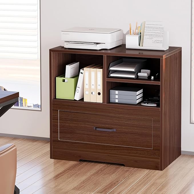 LVB Wood Lateral Filing Cabinet with Drawer, Farmhouse File Cabinet Printer Stand with Storage Shelves, Printer Cabinet Fits A4 Letter Legal Size with Hanging File Folder for Home Office, 32.7" Walnut