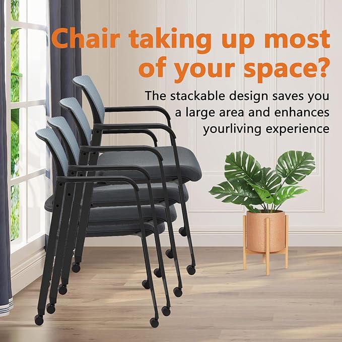 CLATINA Grey Waiting Room Chair with Wheels Mesh Back Stacking Arm Chairs with Upholstered Fabric Seat and Ergonomic Lumbar Support for Office School Church Guest Reception