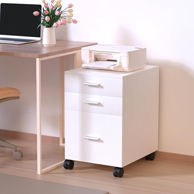 3 Drawer Mobile File Cabinet on Wheels,White Rolling Storage Cart Organizer for Letter/A4 Files, Ideal for Office, Home, Classroom Organization,Printer Stand,19" L x 16" W x 22" H