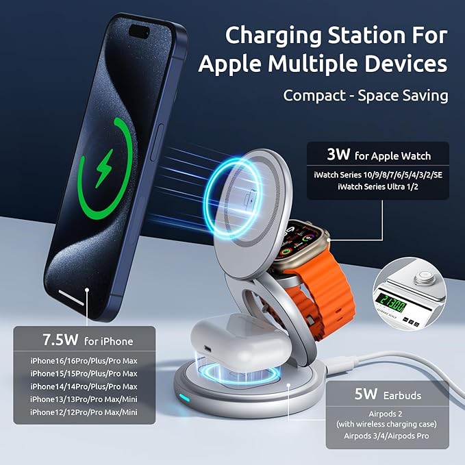 3 in 1 Charging Station for Apple Magsafe Travel Charger for Multiple Devices Aluminum Foldable Magnetic Wireless Charger with 360 Rotating for iPhone 17/16/15/14/13/12 Series,for iWatch,for Airpods