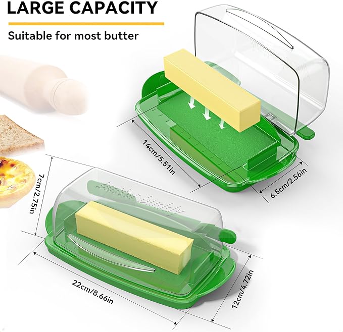 Butter Dishes with Lid for Countertop Refrigerator, Clear Butter Dish Plastic Flip Top Lid Butter Container with Spreader, Non-Slip Bottom Butter Holder Keeper (Transparent Cover Green)