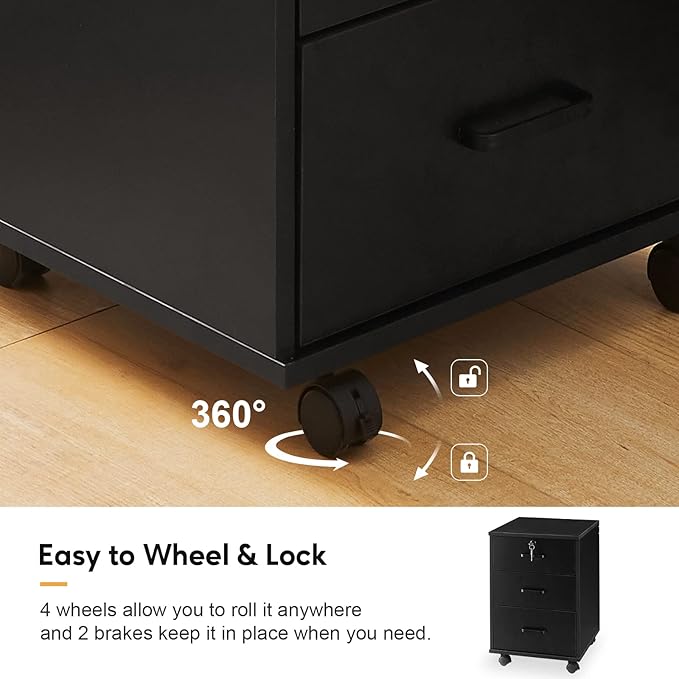TUKAILAi Mobile File Cabinet with 3 Drawers, Lockable Storage Unit Wooden Rolling Office Filing Cabinet with Wheels, for Legal/Letter/A4 Sized Documents Home Office (Black 2PCS)
