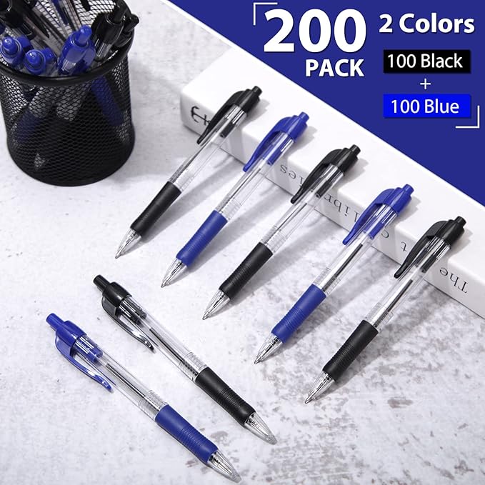 Fainne 200 Pack Retractable Ballpoint Pen 1.0 mm Medium Point Refillable Smooth Click Writing Pens With Grip for Work Journal Writing Office School Supplies(Black Ink, Blue Ink)