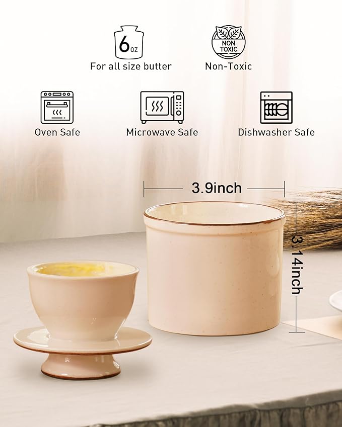 French Butter Dish, Butter Crock for Counter with Water Line, Ceramic Butter Keeper for Spreadable Butter - Chrismas Gift Home Kitchen Decor - Reactive Glaze Collection - White