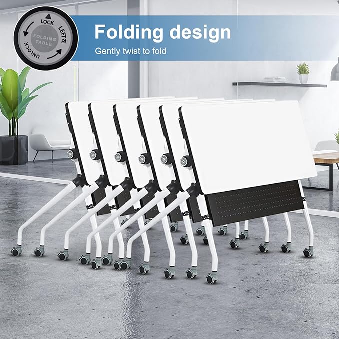 Conference Table, Folding Conference Room Tables, Mobile Training Tables with Silent Wheels, Large Rectangular Modular Seminar Table Office Computer Desks for Classroom White (6Pack L70.9in)