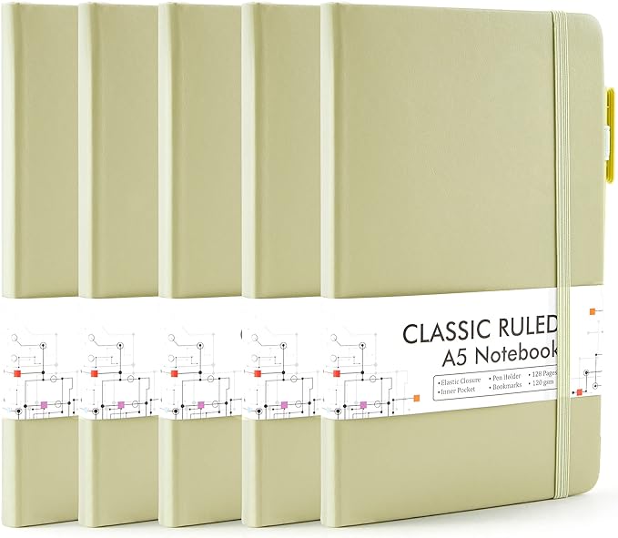 feela 5 Pack Notebooks Journals Bulk, Hardcover Classic Ruled Lined Journals with Pen Holder for Women Girls School Business Supplies, with 5 Black Pens, 120 GSM, 5.1”x8.3”, A5, Avocado Green