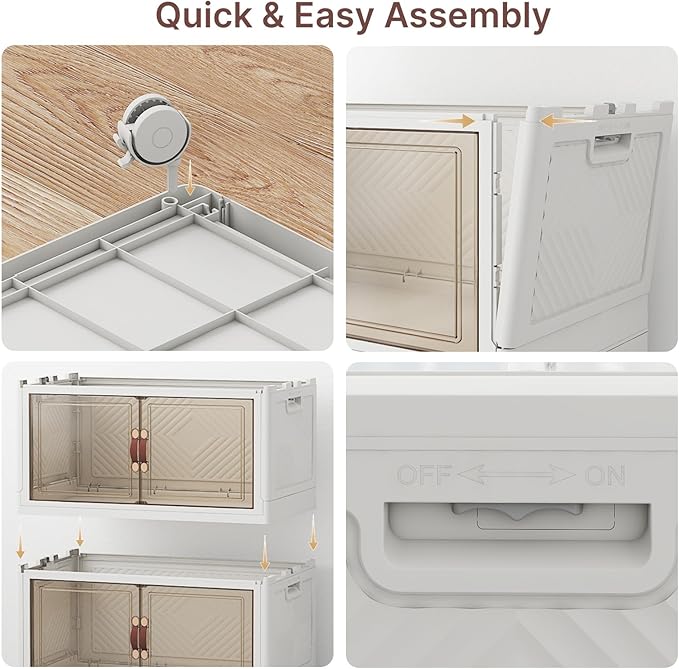 960Qt Stackable Storage Bins with Lids, 6 Pack Large Collapsible Bins with Wheels, Plastic Cabinet with Doors, Foldable Closet Organizers and Storage for Home, Dorm, Office, White