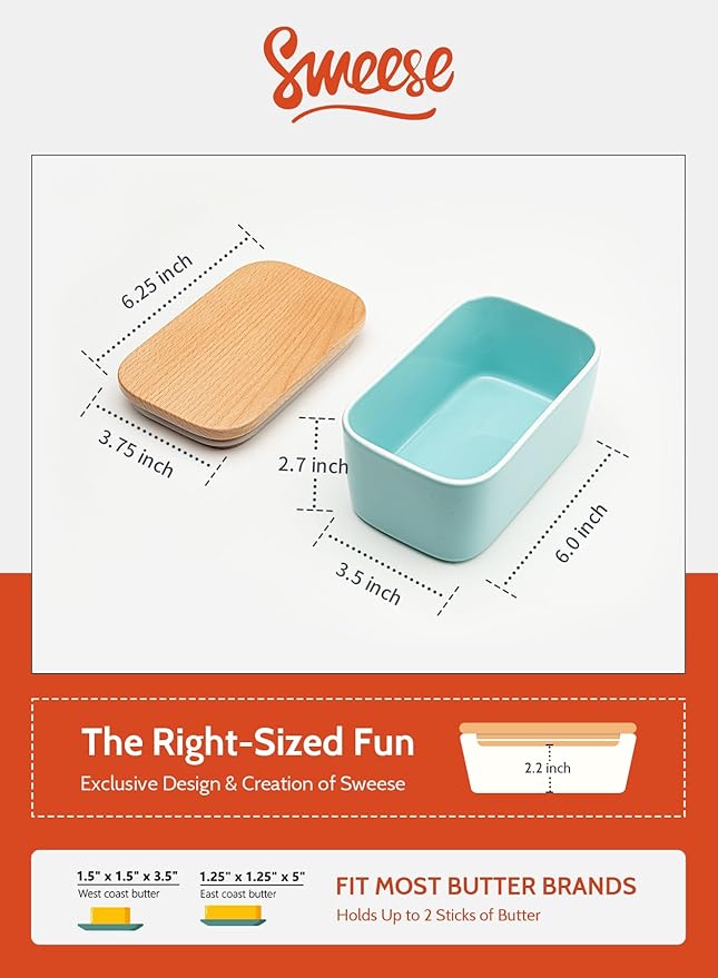 Sweese Large Butter Dish with Lid for Countertop, Airtight Butter Keeper Holds Up to 2 Sticks of Butter, Porcelain Butter Container for Kitchen Decor and Accessories for Kitchen Gift, Turquoise
