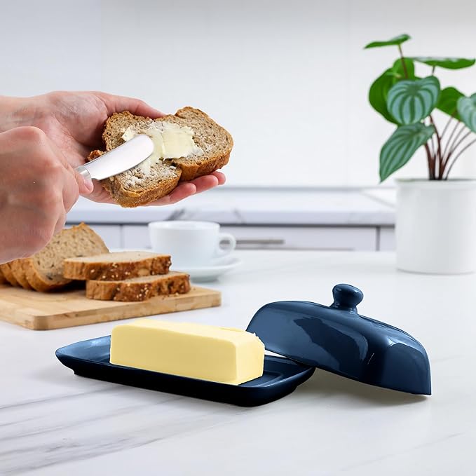 Zulay Butter Dish With Lid For Countertop - Porcelain White, Ceramic Butter Dish with Knob Handle Great for Cooking - Elegant Design Butter Holder - Durable & Sturdy Butter Keeper - Navy