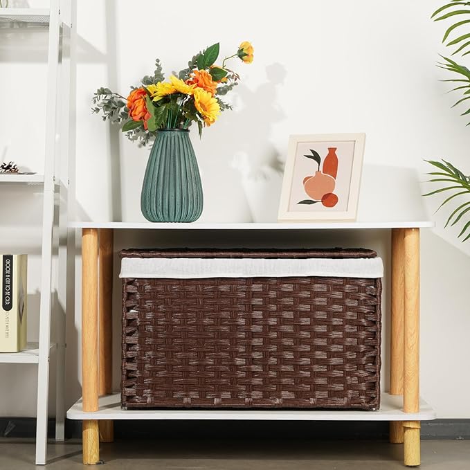 Large Storage Basket with Lids Handmade Woven Storage Basket for Organizing Blanket, 22"*13.4"*13.4"Foldable Storage Bin with Handles, Removable Liner, Basket for Bedroom, Laundry Room, Home(Brown)