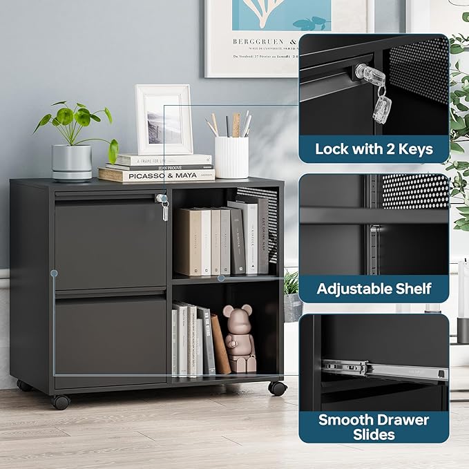 MIIIKO 2 Drawer File Cabinet on Wheels, Metal Filing Cabinets with Shelf, Home Office Mobile File Cabinet with Lock, Printer Stand Storage A4, Letter Size File Folders
