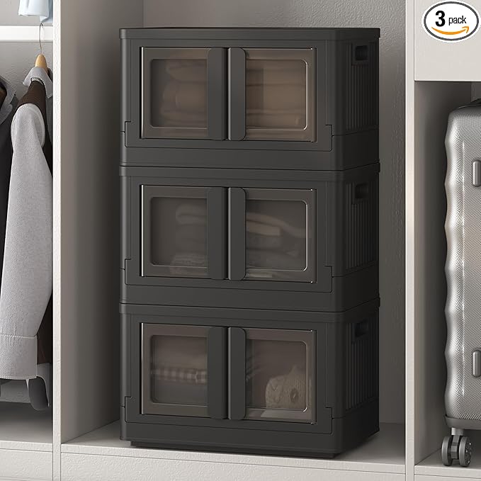 FLEXIMOUNTS 110 QT Stackable Storage Bins With Lids, Collapsible Plastic Storage Bins With Doors and Built-in Wheels For Home Dorm Closet Organizers and Storage, 3 Pack Cubes, Black