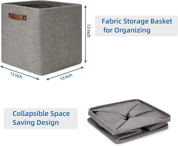 Temary Storage Baskets 13 Inch Fabric Storage Cubes for Shelves Set of 4 Storage Cube Bins for Home, Office, Storage Organizers for Toys with Leather Handles(Grey)