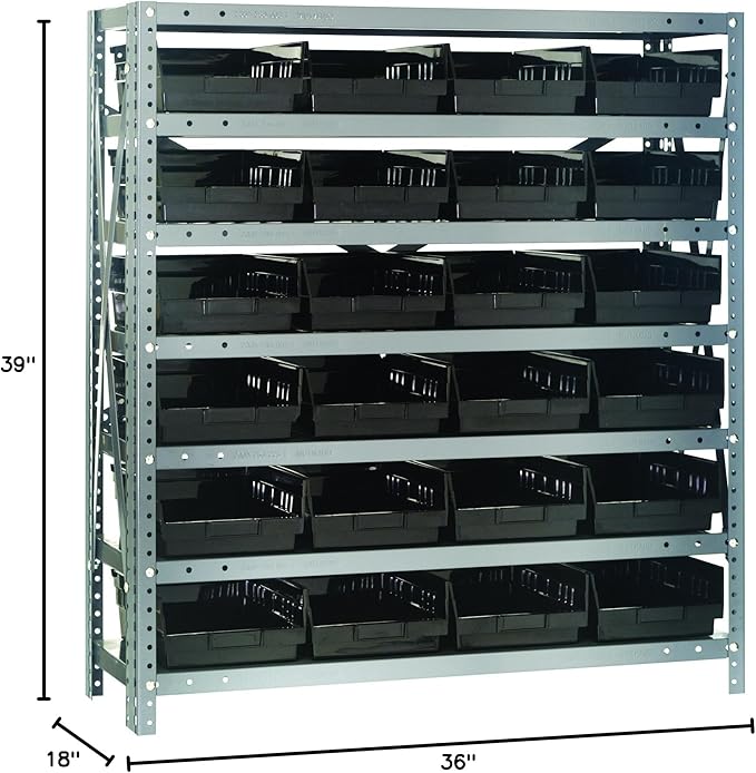 Quantum Storage Systems 1839-108BK Steel Shelving Unit with 4" Shelf Bins, 18" D x 36" W x 39" H, Black