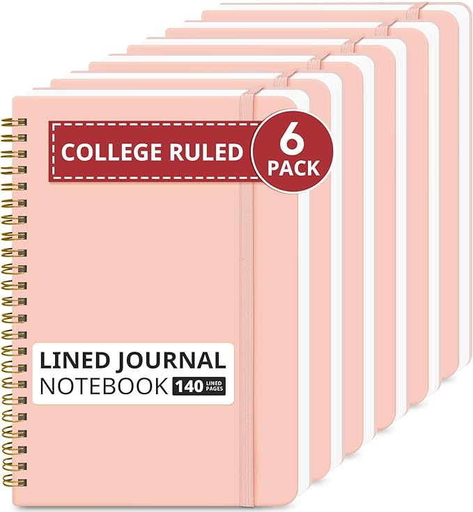 Taja Lined Spiral Journal Notebook for Work, 6 Pack, 140 Pages, College Ruled Hardcover Notebook Journal for Women, 6 Pcs, Journals for Writing, A5(6"x8") - Pink