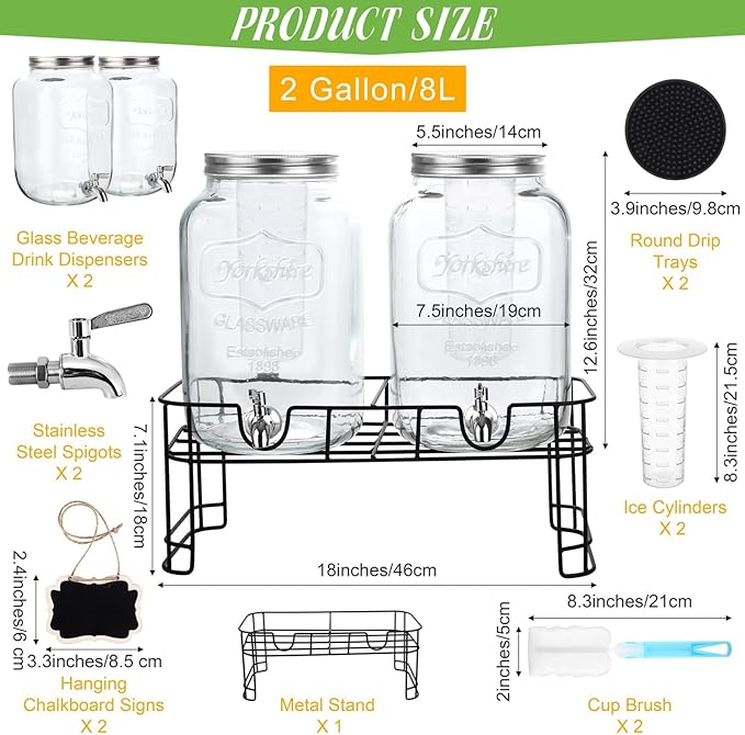 TURSTIN 2 Pcs 2 Gallon Glass Beverage Drink Dispenser with Stand Dual Beverage Dispensers with Ice Cylinder Steel Spigot Hanging Chalkboard Signs Drip Trays Drink Juice Dispenser with Lids for Parties