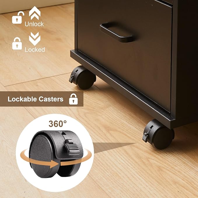 File Cabinet with Lock 3 Drawer Mobile Filing Cabinet with 360° Swivel Wheels, Under Desk Storage Cabinet Wooden File Organizer for Legal/Letter/A4 Documents, Home Office Storage (Black)