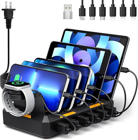 Charging Station for Multiple Devices, Honcila 6 in 1 Multi Charger Station Charging Dock for Cellphone Tablet iPhone iPad and More - 50W Charging Station Organizer with 6 Mixed Charging Cables
