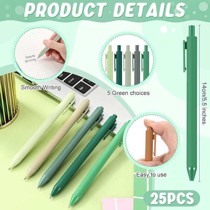25 Pcs Ballpoint Pens Bulk Retractable Writing 1. 0 mm Black Ink Cute Pens Smooth Writing Color Fancy Gift for Teacher Student Employee Office School Home Baby Shower Supplies (Green Series)