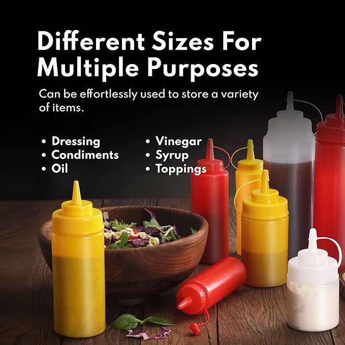 New Star Foodservice 533739 Plastic Squeeze Bottles with caps, Wide Mouth, 32 oz, Yellow, Pack of 6