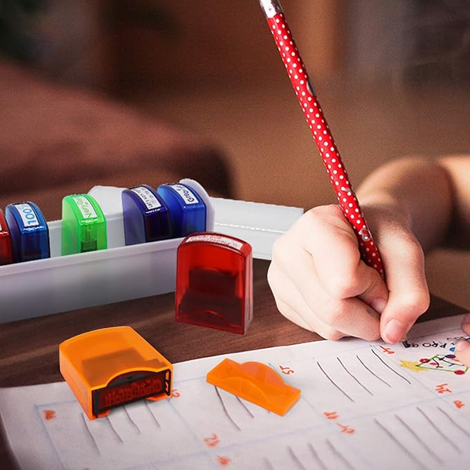 Reliancer Colorful Self-Inking Motivation School Grading Teacher Stamp Set and Tray (8-Piece)