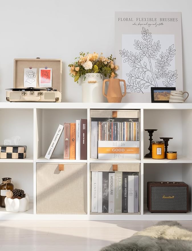 StorageWorks 13x13 Storage Cubes, Closet Storage Bins with Clear Window, Large Fabric Organizer for Clothes, Collapsible Storage Baskets with PU Handles, Brown and Beige, 3-Pack