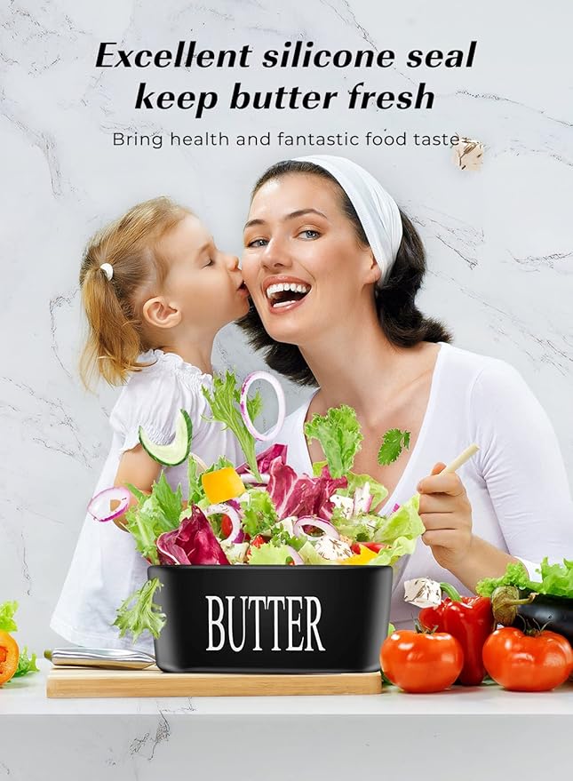 Butter Dish with Lid: Large Butter Container for Countertop - Ceramic Butter Holder for Counter - Butter Tray Butter Keeper with Knife and Sponge Scrubber - Perfect for 2 Sticks of Butter Black