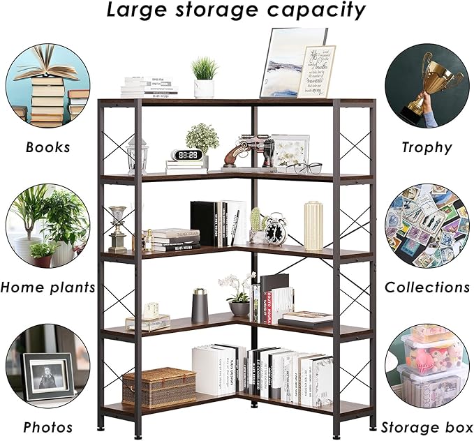 5-Shelf Corner Bookshelf, Vintage Industrial L-Shaped Bookshelf Etagere Bookcase, Large Book Shelf with Metal Frame Open Storage Corner Cabinet (Retro Brown-5 Shelf)