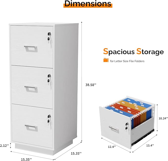 VINGLI 3 Drawer File Cabinet with Lock, Home Office Filing Organizer, for Letter Size File Folder Storage, Wood Tall Vertical Filing Cabinet, Printer Stand, Archivador (White)