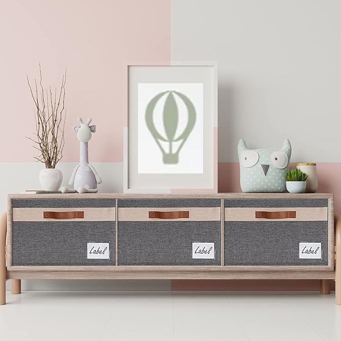 GhvyenntteS Large Storage Bins with Lids 6 Pack, Large Closet Storage Bin with Lid and 3 PU Handles, Foldable Fabric Storage Boxes with Label Window for Home Office (Beige, 15" x 11" x 9.7")