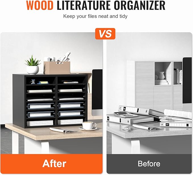 VEVOR Literature Organizers, 12 Compartments Office Mailbox with Adjustable Shelves，Wood Literature sorter 20.4x12x16.1 inches for Office, Home, Classroom, Mailrooms Organization, EPA Certified Black