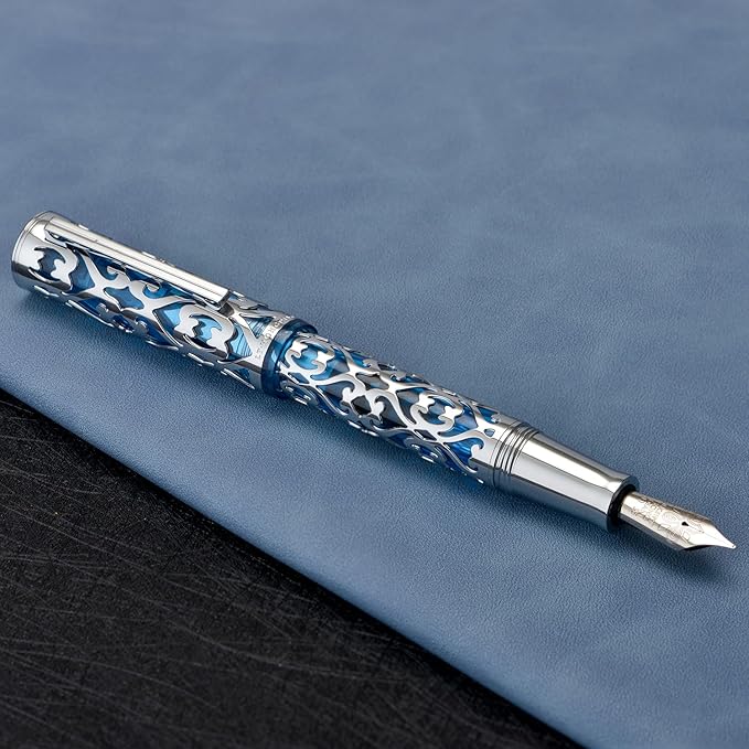 Hongdian D1 Piston Fountain Pen Extra Fine Soft Nib, Silver Blue Hollow Skeleton & Resin Pen with Metal Case Set