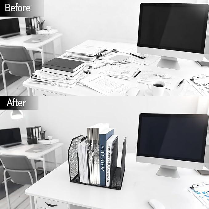 Adjustable Desk File Organizer,Detachable Office Folder Organizer,Compact Vertical Desk File Holder,Wrought Iron Paint,Suitable for Home, School, Office Classrooms (Black - 5 grids)