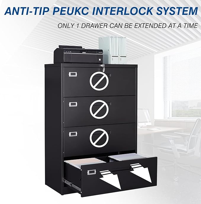 4 Drawer File Cabinet, Lateral Filing Cabinets for Home Office, Office Storage Drawers with Lock, Hanging Files Legal/Letter A4 Size (Assemble Required,Black)