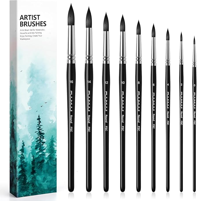 Watercolor Brushes Professional, Fuumuui 9Pcs Synthetic Squirrel Paint Brush Set for Adults Round Pointed Detail to Mop for Watercolor Gouache Acrylic Ink Painting