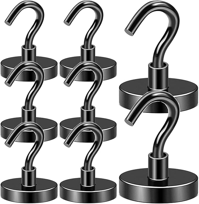DIYMAG Black Magnetic Hooks, 170 LB Heavy Duty Strong Magnets with Hook, Rare Earth Neodymium Magnet for Cabins Cruise Ship Essentials 8 Packs