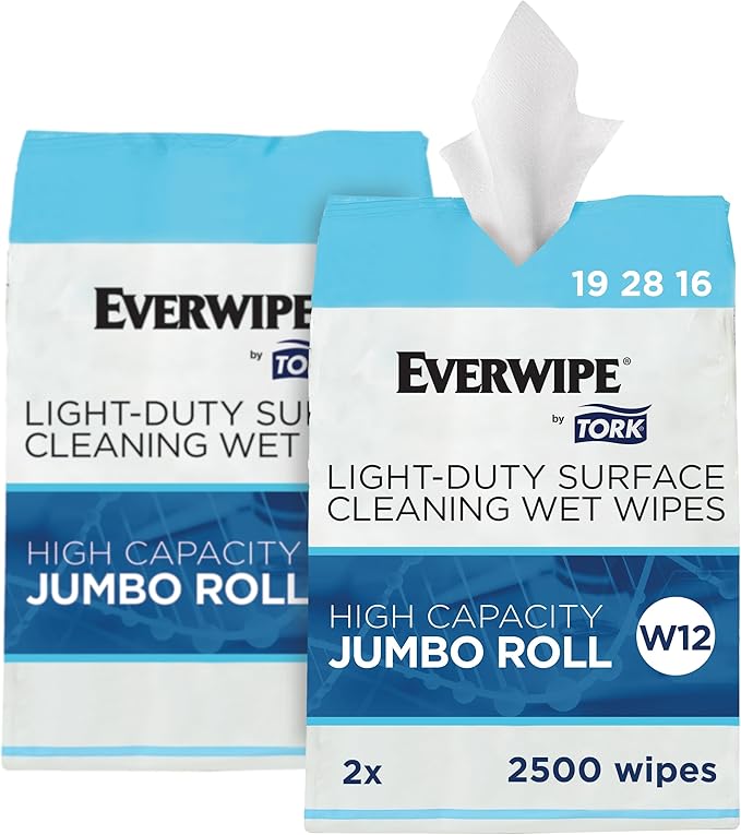 Everwipe by Tork Light-Duty Surface Cleaning Wet Wipe Jumbo Rolls White W12, Cleans and Deodorizes, 2 x 2500 wipes, 192816