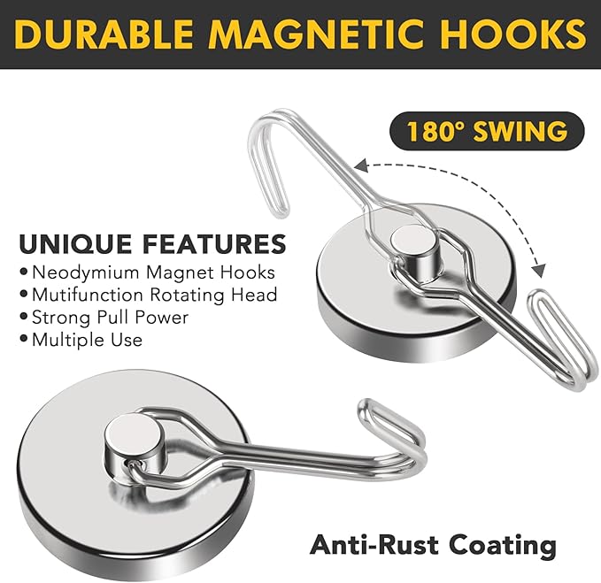 MIKEDE Magnetic Hooks Heavy Duty, 120LB Swivel Swing Strong Magnetic Hooks Cruise,Neodymium Hook Magnets for Home, Kitchen, Workplace, Metal Door, Office and Garage - Pack of 4