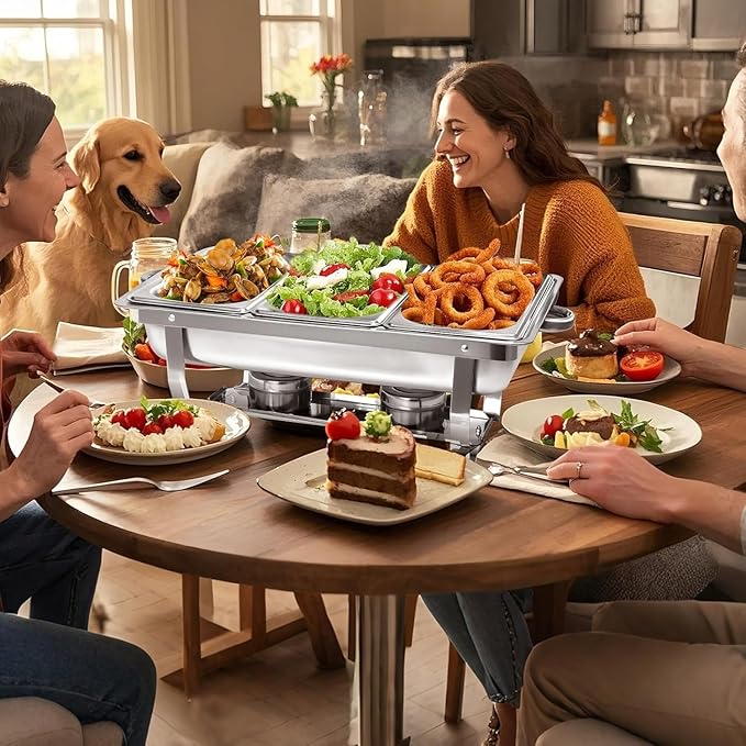 4 pack Chafing Dishes for Buffet of Stainless Steel Food Warmers for Parties 9 QT Chafers and Buffet Warmers Sets with 1/3 size pan Commercial Catering Chafers for Event Party