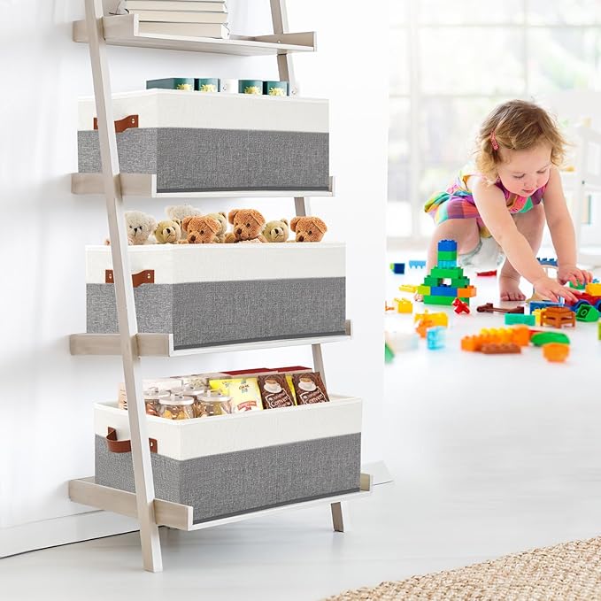 6 Pack Closet Storage Bins, Storage Baskets for Shelves, Linen Closet Organizers and Storage with Leather Handles for Clothes,Towels, Sheets, Jeans, Toys, Books (Grey and White)