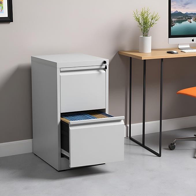 2 Drawer File Cabinet with Lock, Vertical Metal Filing Cabinet Under Desk Storage Cabinet, Legal Letter File Cabinets for Home Office, Easy Assemble (White)