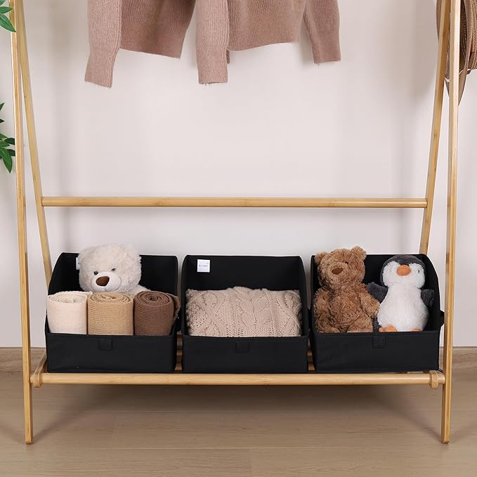 WUIKE Trapezoid Storage Bins with Handles, Fabric Closet Storage Baskets for Organizing Clothes, Purse, Sheets, Blankets, 11" L x 11" W x 8" H, 3-Pack, Black