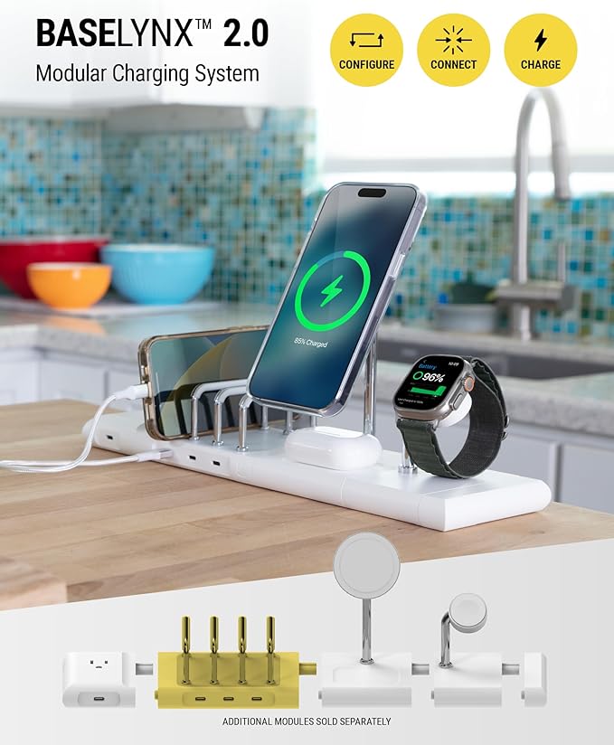 Scosche BL2MD BaseLynx™ 2.0 Vert, 60W USB-C Vertical Charging Station for Multiple Devices, Charger Organizer with 3 PD Fast Charge Ports, Modular System Compatible with Apple iPhone & iPad, White