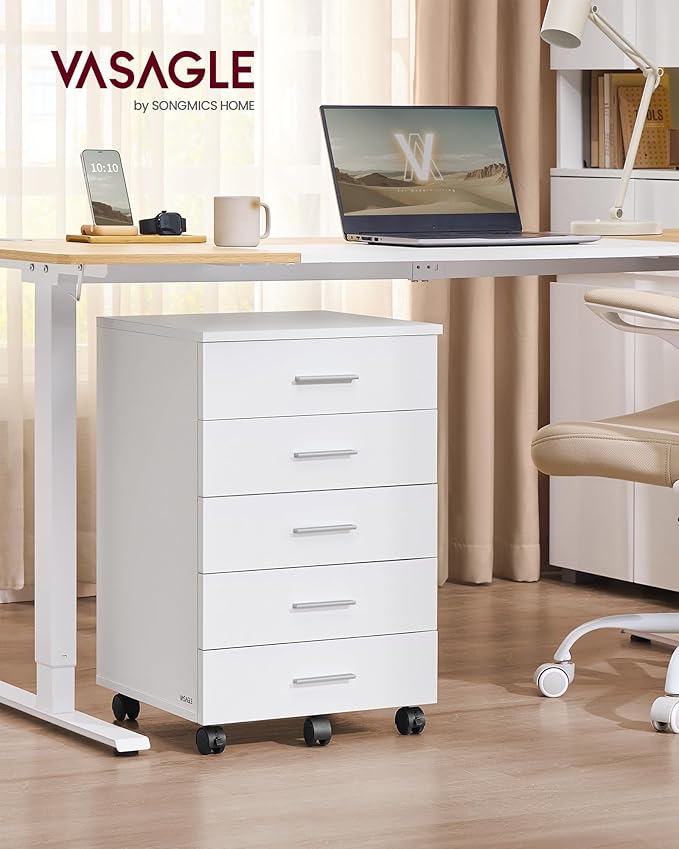VASAGLE File Cabinet, Mobile Pedestal Filing Cabinet with Wheels, Printer Stand with 5 Drawers, Tool-Free Sliding Rails, for Study, Home Office, Cloud White UOFC081W01