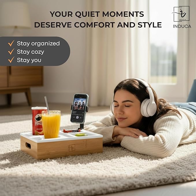 Couch Caddy with Cup Holder | Bamboo Couch Cup Holder Tray for Drinks, Snacks & Remotes | Couch Tray for Bed, Car Seat & Beach Organizer (White)